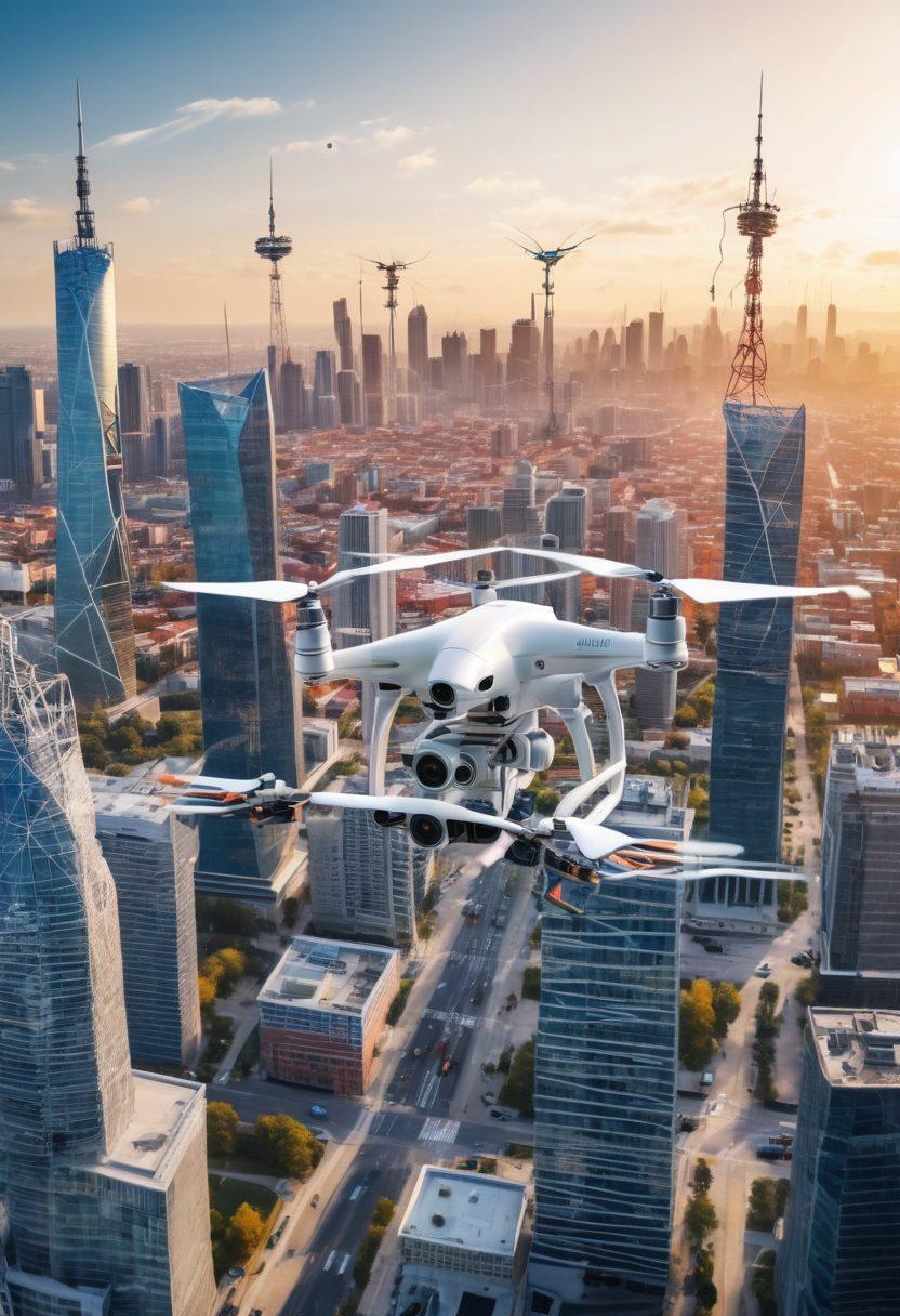 A dynamic scene showcasing a drone flying over a cityscape, capturing aerial views while technicians install fiber optic cables in a nearby location. In the background, vibrant city buildings and communication towers symbolize modern telecommunication. The image should convey movement and innovation, with an emphasis on technology and teamwork. super-realistic. vibrant colors. white background.
