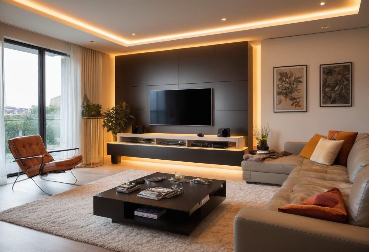 An elegant living room showcasing a state-of-the-art home entertainment system, with seamless cable management hidden behind sleek furniture. Vibrant cables elegantly arranged to highlight efficiency and style. Soft lighting accentuates the setup, creating a cozy atmosphere. A visual representation of transportation tools nearby, emphasizing the convenience of setup. super-realistic. vibrant colors. cozy ambiance.