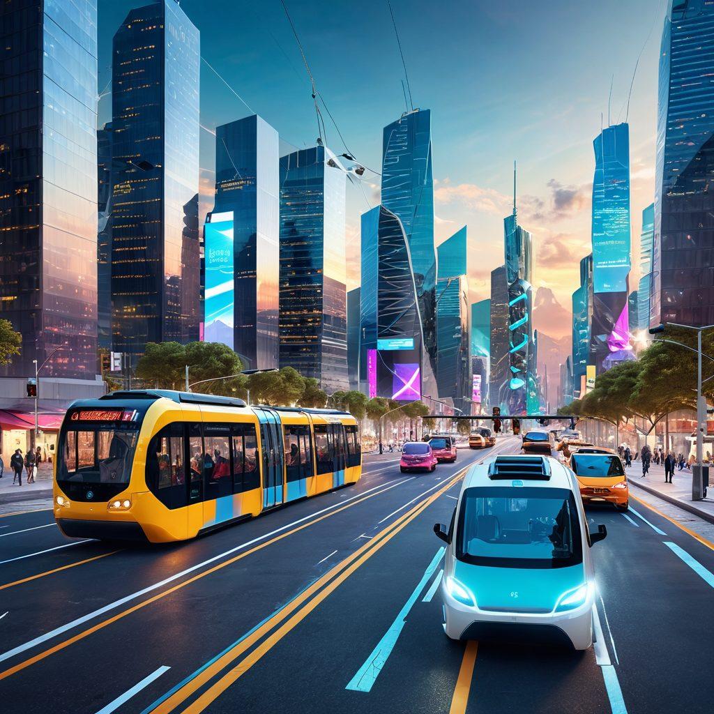 A futuristic city skyline showcasing sleek cable transportation systems connecting modern buildings. Include people effortlessly traveling in transparent cable cars above bustling streets filled with digital screens. Use bright, vivid colors to highlight technology and innovation in urban mobility. The scene should convey a sense of smooth relocation and efficiency for digital needs. 3D render. vibrant colors.